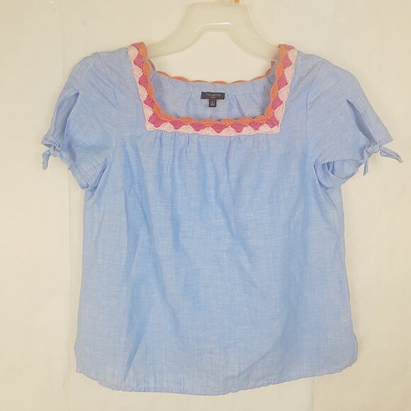 Talbots blue chambray crocheted trim linen top Size Small petite Boho Coastal - Picture 2 of 8